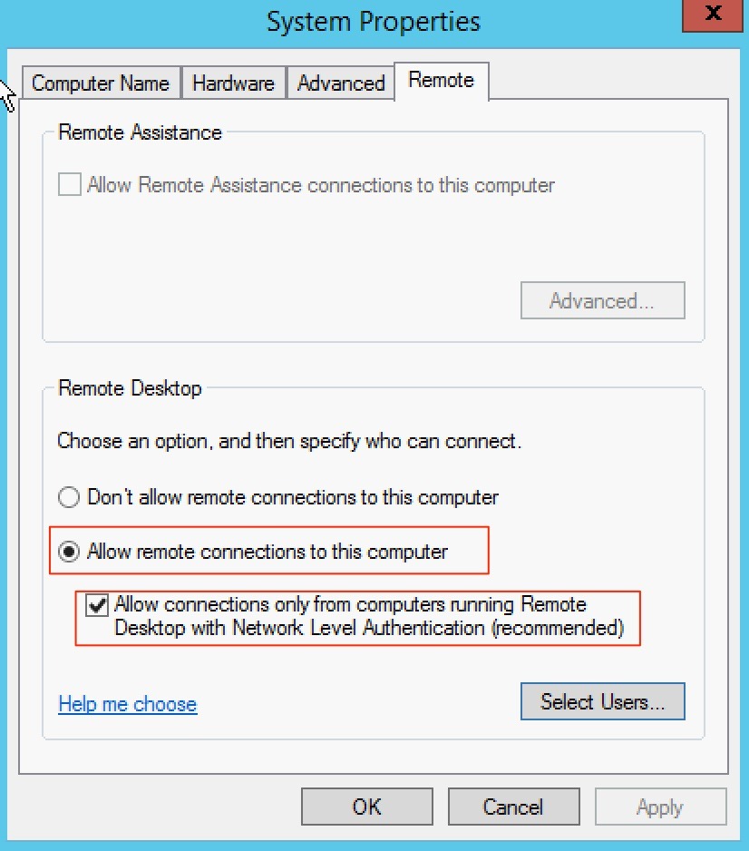 kích hoạt remote desktop trên windows server 2012 - system properties