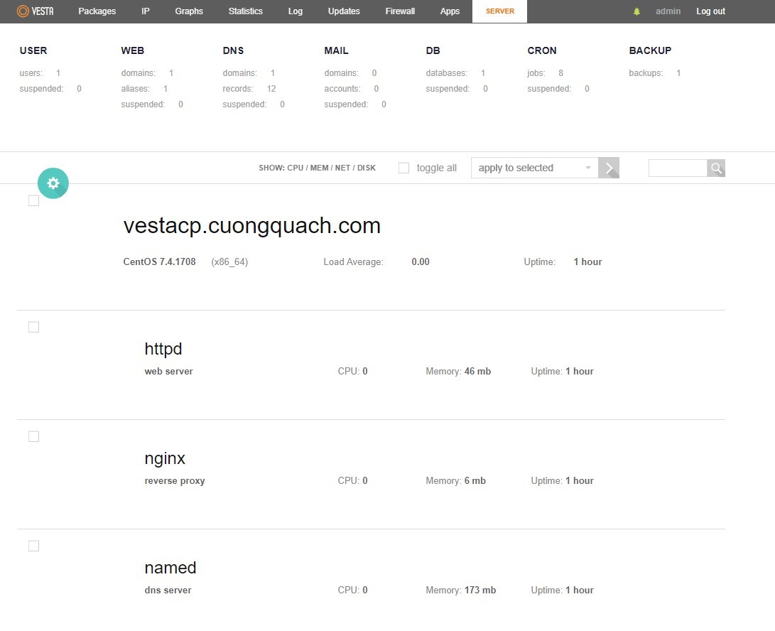 vestacp - server menu