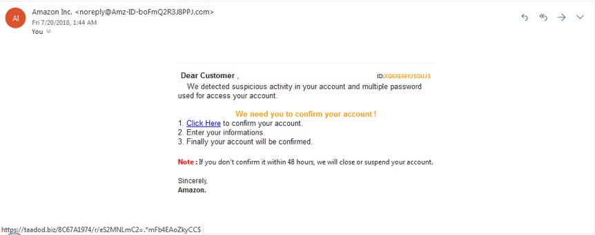 Ví dụ về phishing giả mạo Amazon